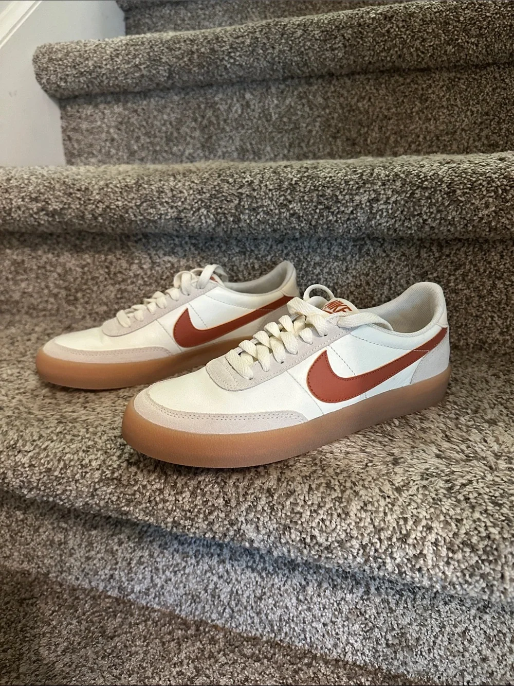 Nike White Leather Low-Top Sneaker with Rust Swoosh